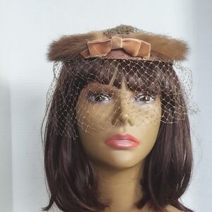 Vintage Taupe Fascinator Satin Band Fur Trim Velvet Bow with netting